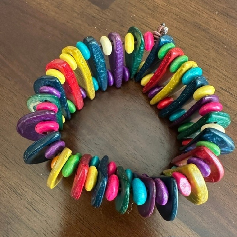 Multicolor Wood Disc Stretch Bracelet Rainbow Boho Beaded Chunky Jewelry
